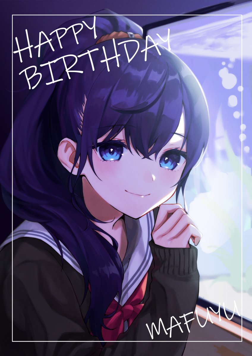 1girl solo blue eyes school uniform happy birthday smile looking at viewer  illustration images