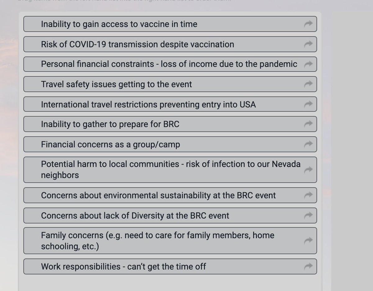 I am filling out the Burning Man survey abt what to do for 2021.My advice: HELL NO to the idea of Black Rock City drawing tens of thousands to a region w a fragile hospital system and Native community (hit the hardest) nearby!The questions are telling! https://survey.alchemer.com/s3/6151709/Foresight-2021