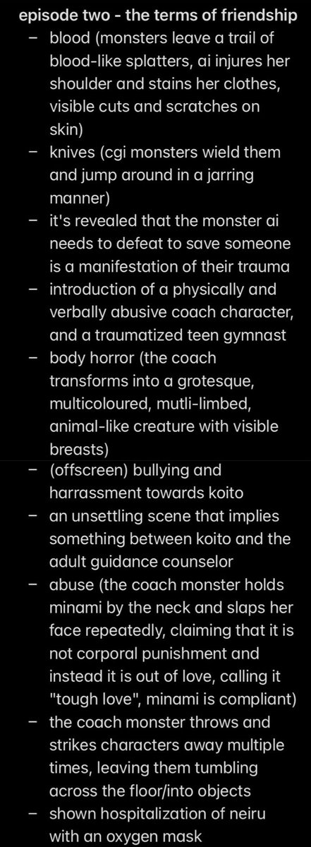 wonder egg priority is gaining traction, and though it's easy to admire the gorgeous animation, the show itself deals with some rather heavy topics and themes. i've compiled a list of content/trigger warnings for the first three episodes so stay safe and informed!!
