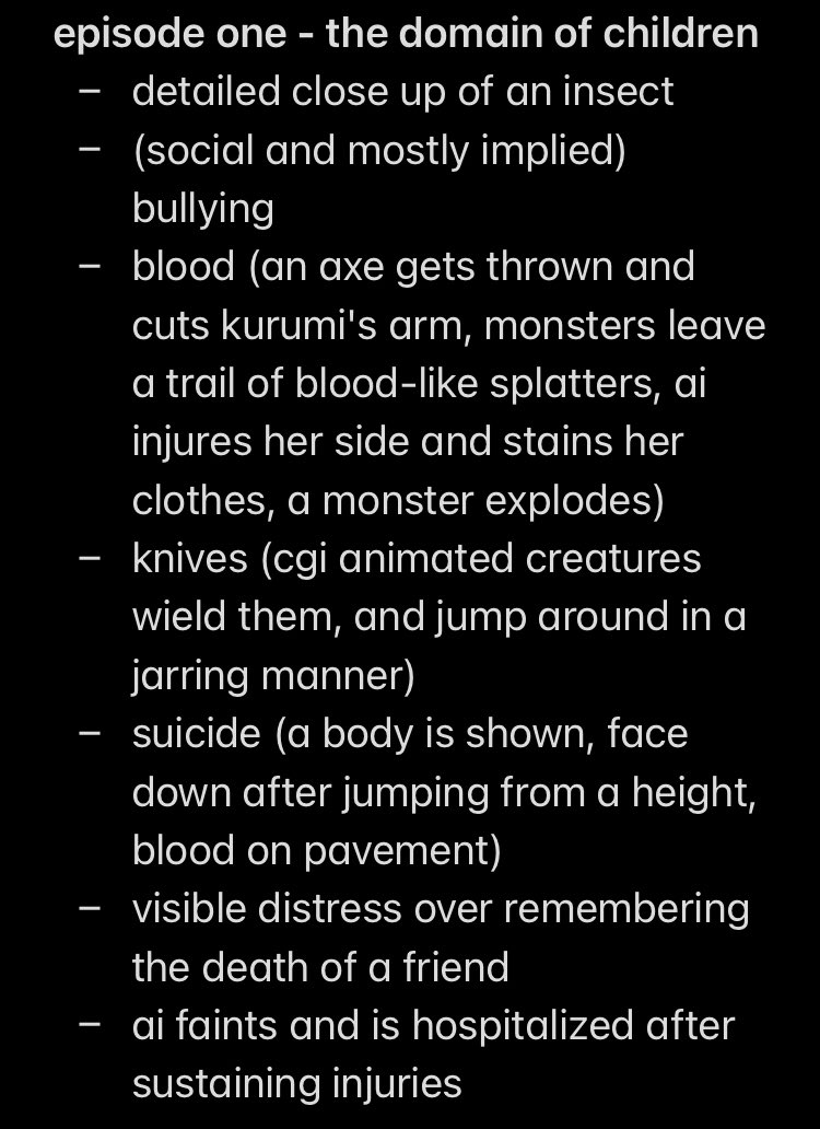 wonder egg priority is gaining traction, and though it's easy to admire the gorgeous animation, the show itself deals with some rather heavy topics and themes. i've compiled a list of content/trigger warnings for the first three episodes so stay safe and informed!!