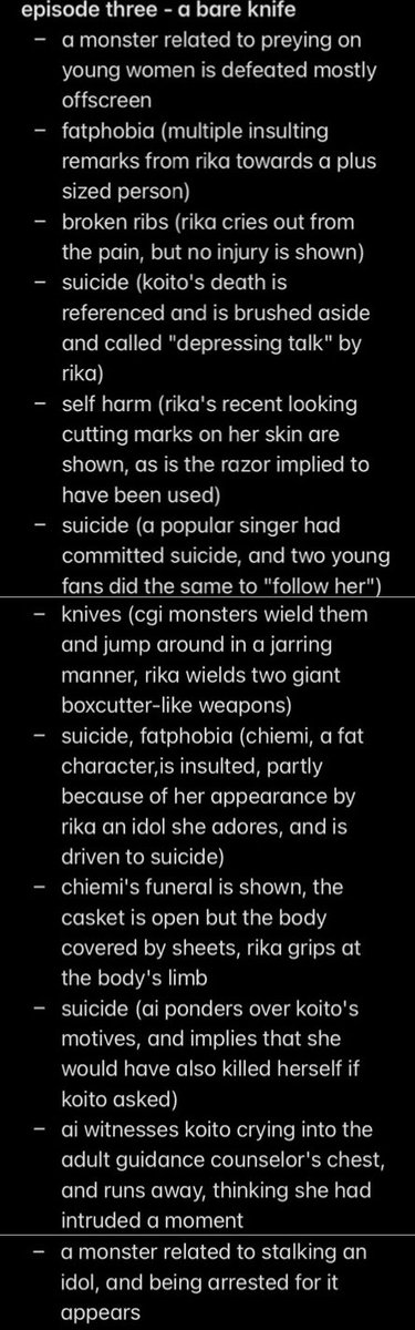 wonder egg priority is gaining traction, and though it's easy to admire the gorgeous animation, the show itself deals with some rather heavy topics and themes. i've compiled a list of content/trigger warnings for the first three episodes so stay safe and informed!!