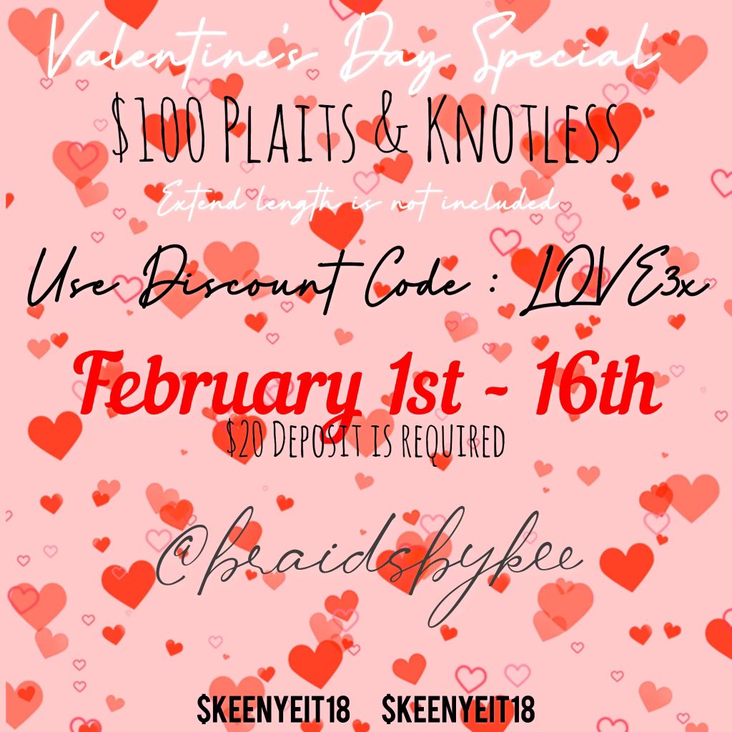 KeeNyeit's tweet photo. ❗️VALENTINES SPECIAL ❗️
All you have to do is enter the code and price will change accordingly. EXTENDED LENGTH IS NOT INCLUDED which means NOTHING PAST THE BUTT !! $20 deposit is still required prior booking. 
#ASUTwitter https://t.co/ZztSoxBTv1