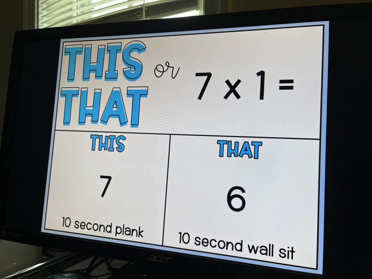 MrsDutoisClass's tweet photo. Fun math warmup with a game of this or that! If the answer is this - you do THIS exercise if the answer is that - you do THAT exercise. What a fun way to informally assess while the students get up and moving! #thisis3rdgrade #math https://t.co/gPbeRhOYsj