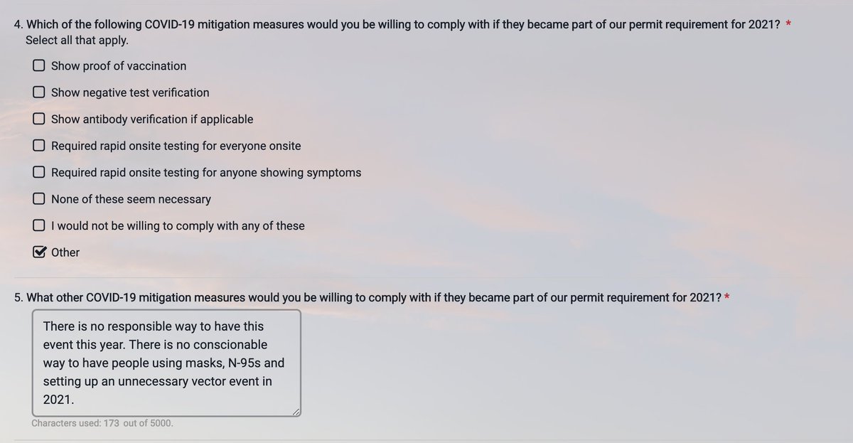 3. They are asking what would get us to come. Proof of vaccine? A negative test? Rapid tests?BURNERS—CAN YOU IMAGINE ADDING GETTING RAPID COPID TESTED AT THE GATE?An option is "none of these seem necessary"! I answered "other." Click to see my response lol