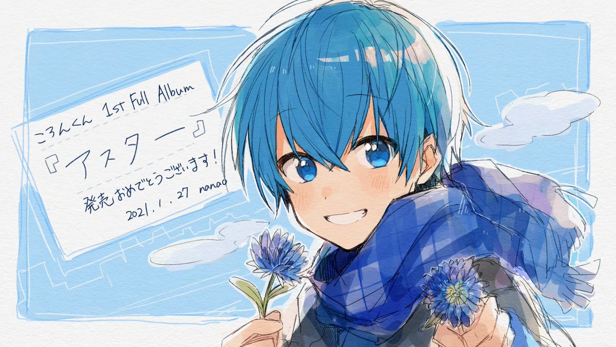 1boy blue eyes blue hair male focus flower scarf smile  illustration images