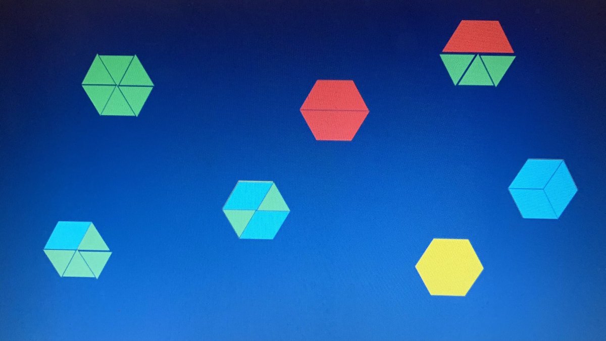 em_andreychuk's tweet image. Today in math (online), I challenged my students to come up with all the different ways to make hexagons using virtual blocs logiques (pattern blocks). Was amazed that my students came up with 7 different ways! Bravo Gr. 3s! @RochCarrierFIPS #virtualmath #mathmanipulatives #didax