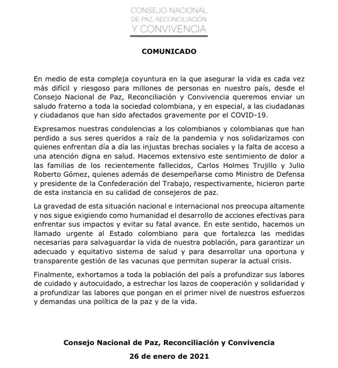 ConsejoPaz's tweet image. Comunicado a la opinión pública del Consejo Nacional de Paz, Reconciliación y Convivencia.