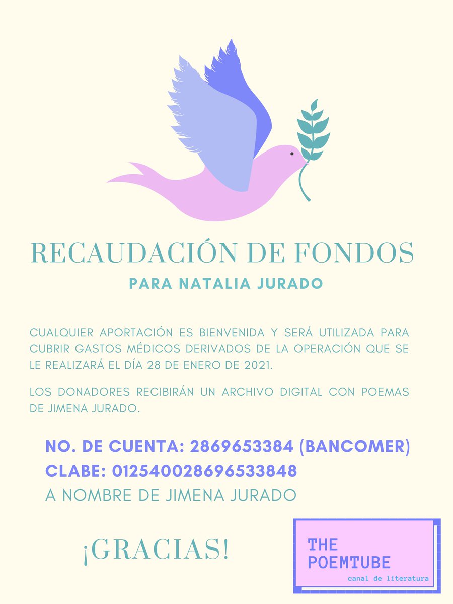 _JimenaJurado's tweet photo. Gente de los twitters:
Hace poco buscaba donadores de sangre para mi hermana. Esta vez estoy recaudando fondos para gastos médicos. 
¡Ojalá puedan compartir y/o estén en la posibilidad de apoyar! 

Quienes puedan recibirán un PDF con poemas míos. Solo denme su mail. ¡Gracias! https://t.co/V3gj8Z1que