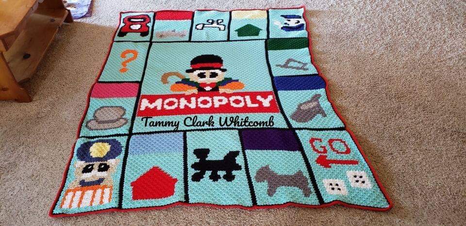 CglGraph's tweet image. Monopoly - Mini C2C completed by CGL Member Tammy Clark Whitcomb
51&quot; x 68&quot;
4.5 Hook.
Joann&apos;s Big Twist Value Yarn.