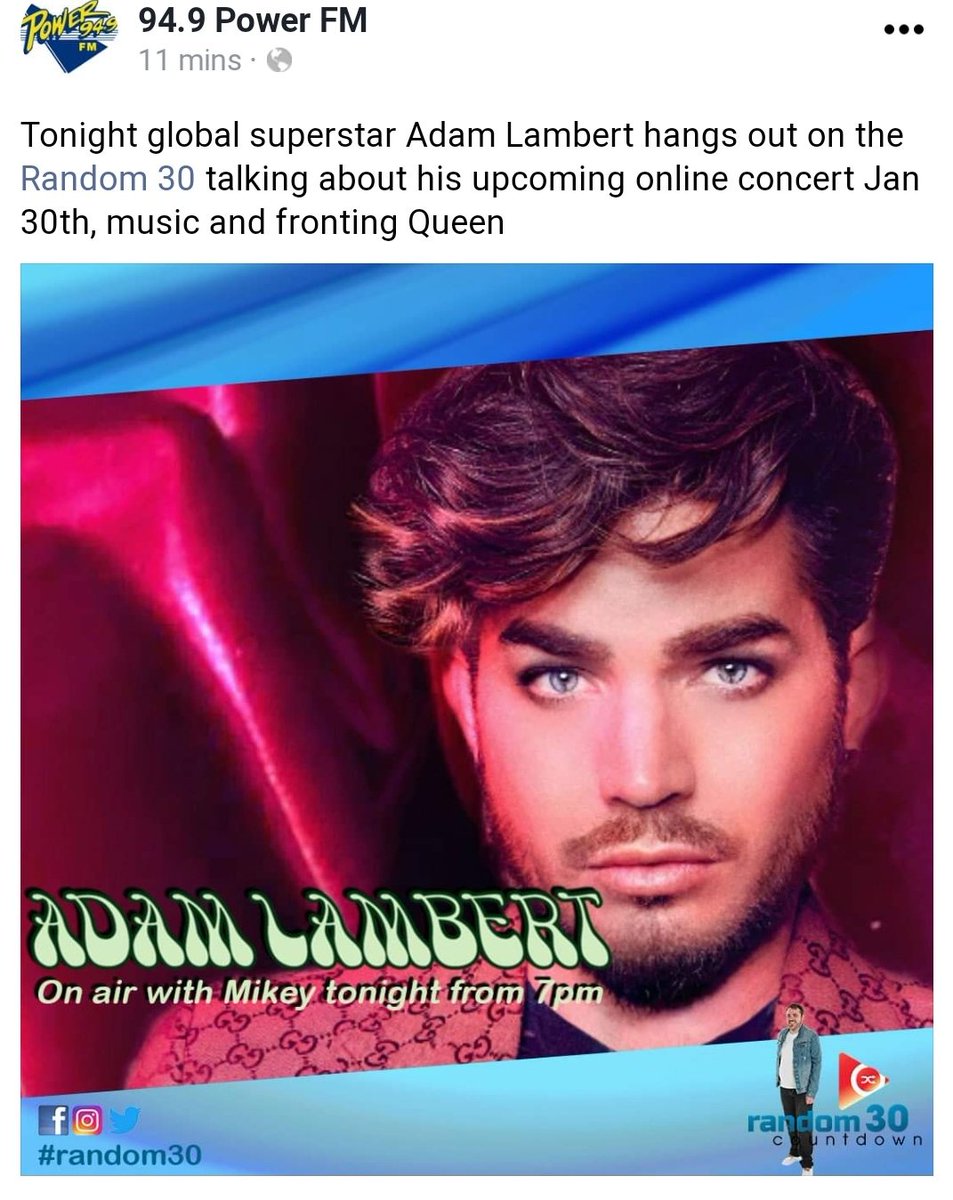 AdamL_Daily's tweet photo. INFO|A new Australian radio interview! @AdamLambert will chat on Power 94.9 at 3โ6am ET, listen here:https://t.co/3xmgFfehzg
"Global superstar hangs out on the #Random30 talking about his upcoming online concert, music and fronting Queen." https://t.co/lYU16la8Bi