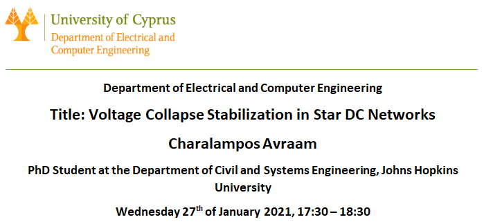 har_avr's tweet photo. Very excited to present my work on Voltage Collapse Stabilization at the graduate seminar of the ECE Dept. of @UCYOfficial tomorrow, 01/27 at 10.30am EST/5.30pm local time! Τhose joining will get a preview of the updated controller (soon-to-be-submitted!) presented in #ACC2019 https://t.co/bFpFUKMygQ