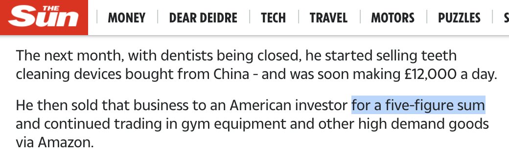 Hang on, this article says he sold it for five figures.This feels much more believable, but I don't know what to believe anymore.  https://www.thesun.co.uk/news/uknews/13826762/furloughed-bedroom-business-lockdown/
