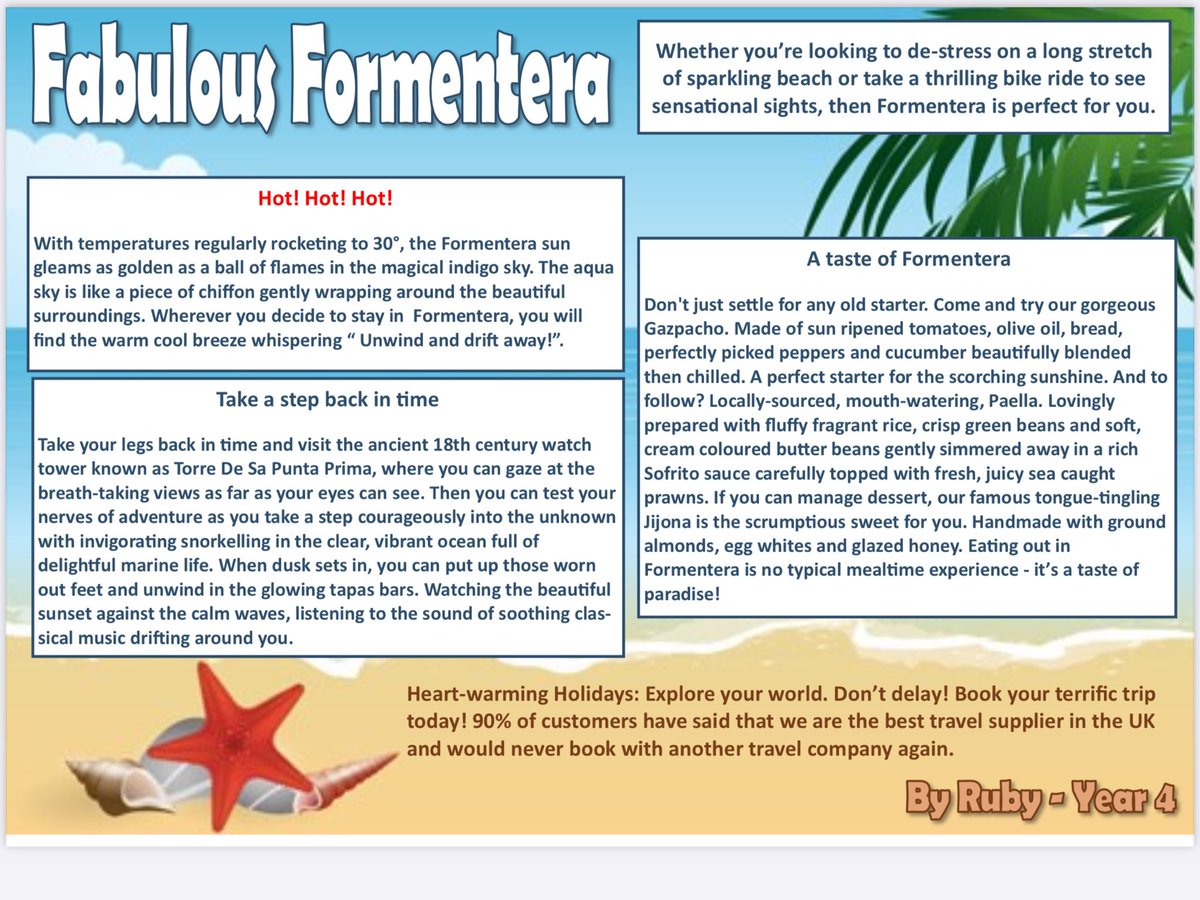 PrioryDudley's tweet photo. Amazing things can happen when teachers and children work together and are supported with their remote learning at home. Look at this amazing holiday brochure produced by one of our year 4 pupils! 🙂 https://t.co/CVsTKZpMDk