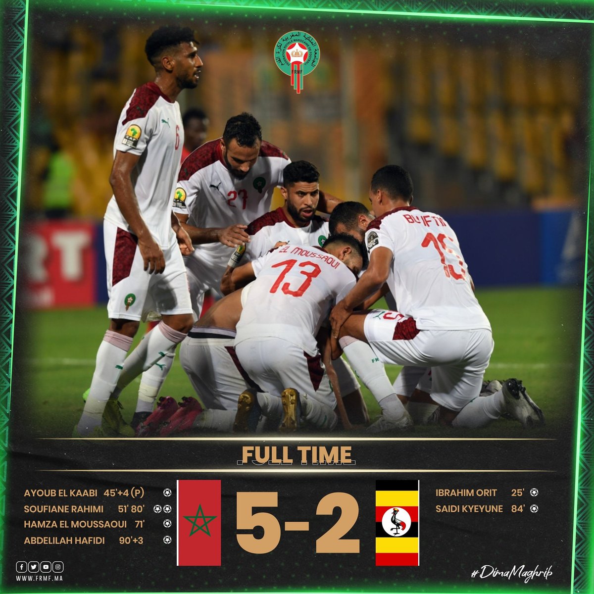 FRMFOFFICIEL's tweet photo. FULL-TIME. 5-2 victory for Morocco🇲🇦. We top our group and go through to CHAN quarter finals🏆👏#TotalCHAN2020

#DimaMaghrib💚🇲🇦❤️ https://t.co/jwchWTxqbf