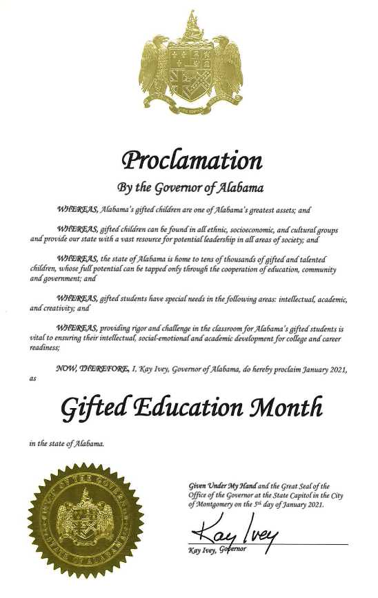 It's official by <a href="/GovernorKayIvey/">Governor Kay Ivey</a> ! It's Gifted Education Month!  Thank you so much for your support. #algifted #AlabamaAchieves #giftededucation