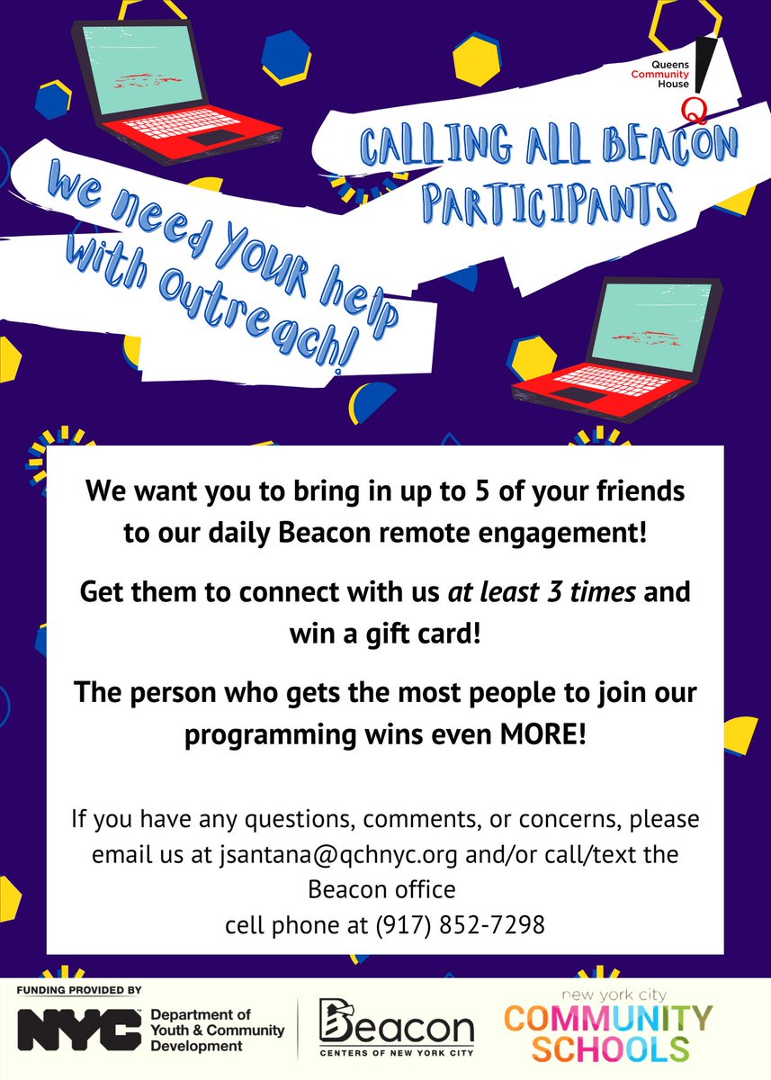 BeaconQch's tweet photo. 🗣CALLING ALL BEACON PARTICIPANTS 🗣

Bring in up to 5 of your friends to our Beacon Remote Engagement and win BIG prizes🏆

Whoever gets the most people to join us wins even MORE! @BeaconQch @QCHnyc 
#qch #qchnyc #beacon #nycafterschools https://t.co/pd5aAUWh9G