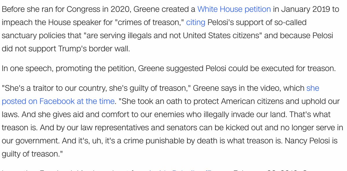That "treason" was supporting so-called sanctuary immigration policies. In fact, Greene said that Rep. Maxine Waters was "just as guilty of treason as Nancy Pelosi" for supporting those policies.