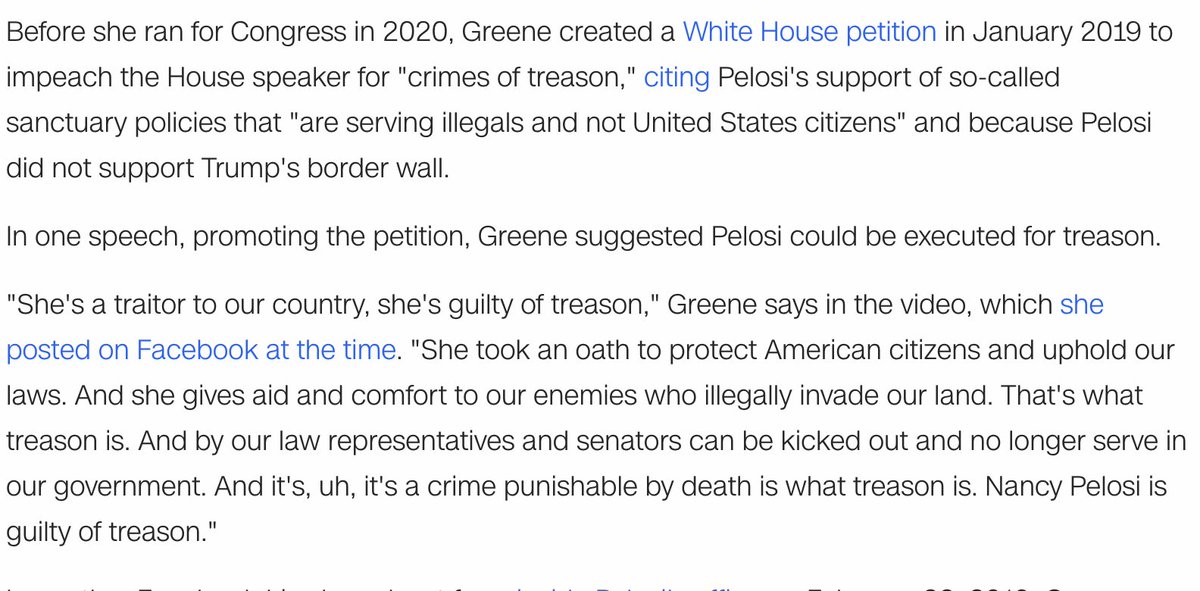 That "treason" was supporting so-called sanctuary immigration policies. In fact, Greene said that Rep. Maxine Waters was "just as guilty of treason as Nancy Pelosi" for supporting those policies.