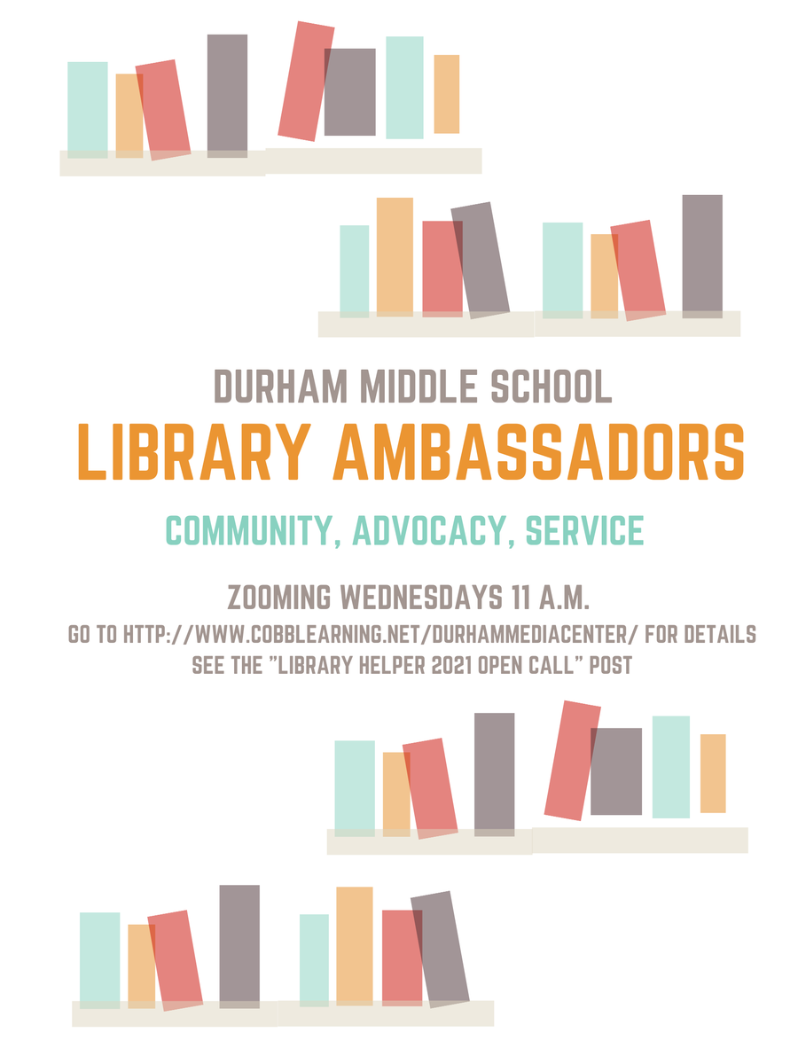 DurhamLLC's tweet photo. Join Durham's Library Ambassadors virtually every Wednesday as we #learn how to #leadfromthelibrary. @DurhamWildcats @DurhamPtsa @CobbSchools #CobbLMS #READ #glma #galibchat #LibrariesStrong https://t.co/9IC6ad6TEG