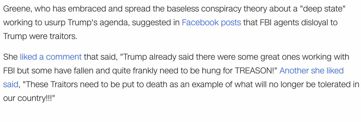 Greene, who portrays herself as a strong supporter of law enforcement officers, also suggested in Facebook posts that FBI agents disloyal to Trump were traitors & liked posts calling for them to be hanged.