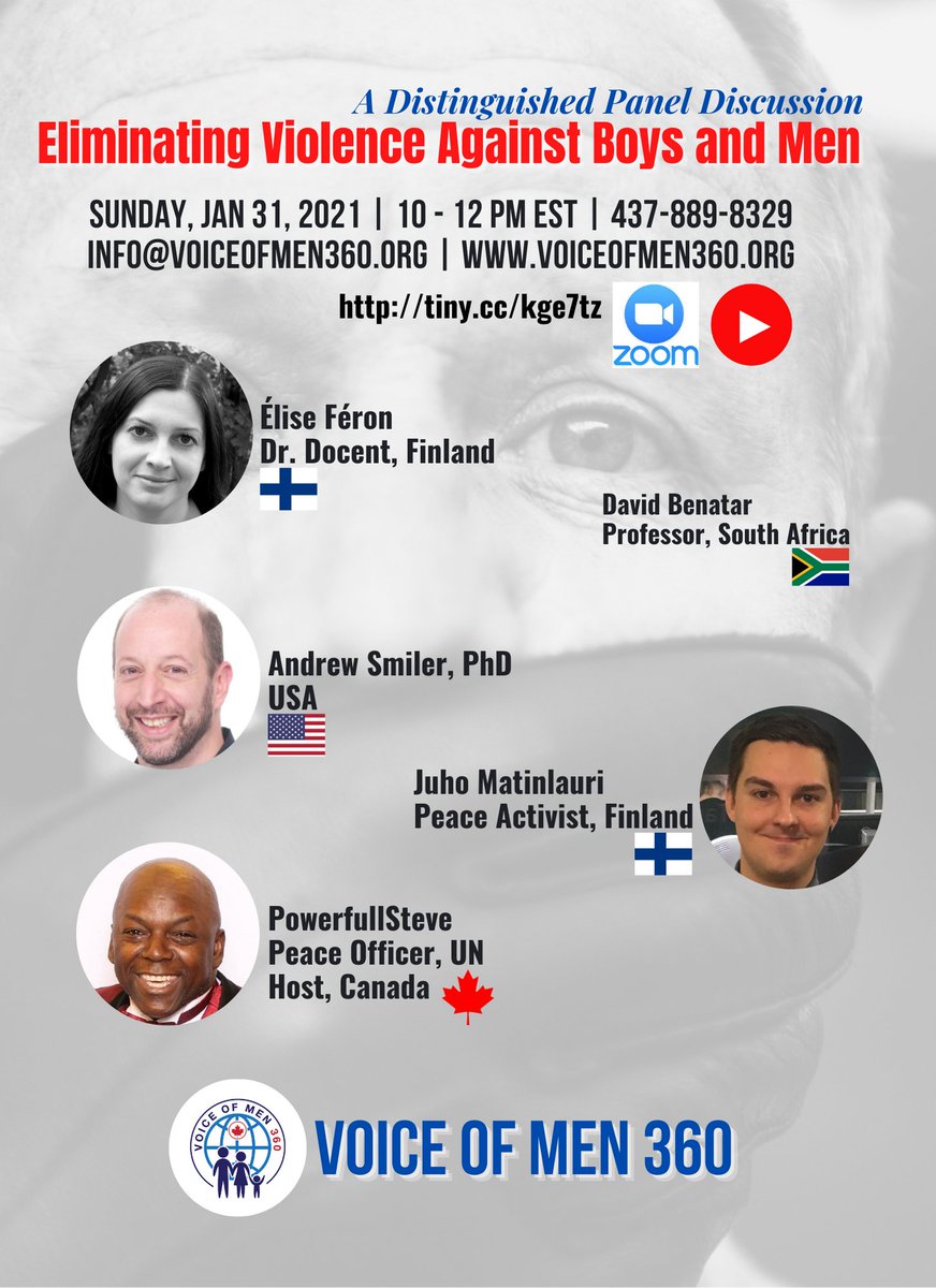 🚨Mark your calendars
🖥️Zoom 1/31/21 10AM-12PM EDT

Division 51 member, <a href="/AndrewSmiler/">Andrew Smiler</a>, will be participating in an international discussion with other content experts exploring strategies to eliminate violence against boys &amp; men. The event is hosted by <a href="/voiceofmen360/">Voice of Men 360</a>.