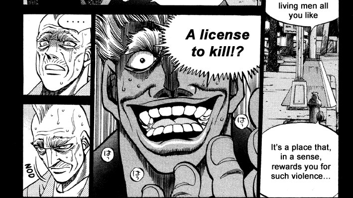 This is wonderfully shown through the ending of the fight. Hawk often makes references to this idea of "a license to kill." This refers to the instincts both he and Takamura possess. When Taka's instincts take over, it's moment of rejuvenation as he is comfortably beats up Hawk.