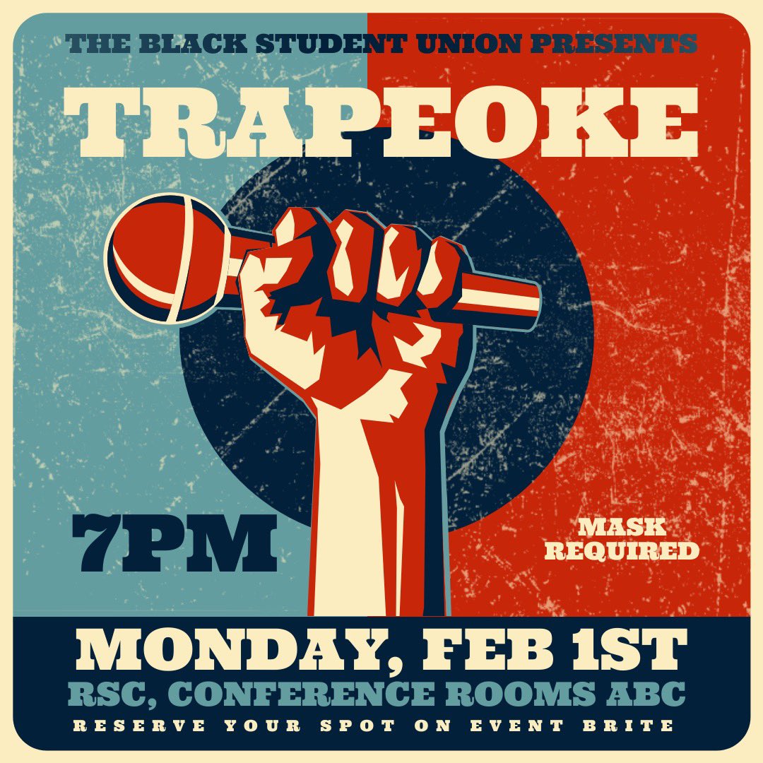 BSUTAMUC's tweet photo. Want to be the next hottest rapper? 🤣

Trapeoke 🎤 next Monday at 7pm 😜

         Hosted by your Favs 😈 
@JaceHood__ @aaassshleeee 

Mask are REQUIRED! 😷 #MaskUp 

       Reserve your spot here: https://t.co/jveE58Fpk0 https://t.co/B2hZAMNTPl