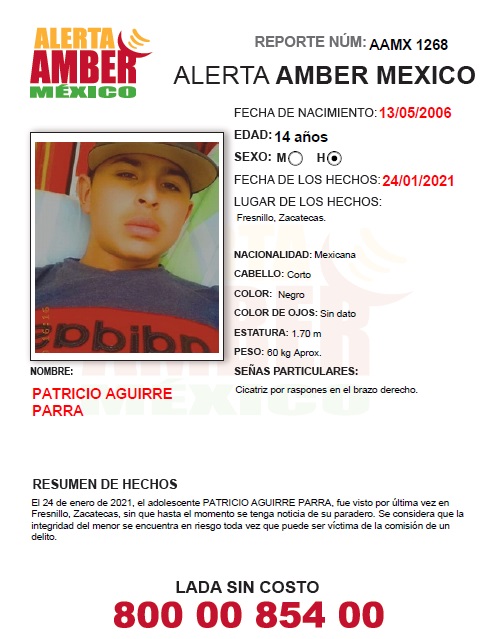 Solicitamos de su valioso apoyo con #RT a esta publicación de #AlertaAmber para #PatricioAguirreParra, de 14 años de edad, quien fue visto por última vez el 24 de enero de 2021 en Fresnillo #Zacatecas.

#HastaEncontrarles
#DefendemosAlPueblo
#ContraLasViolenciasTodas
