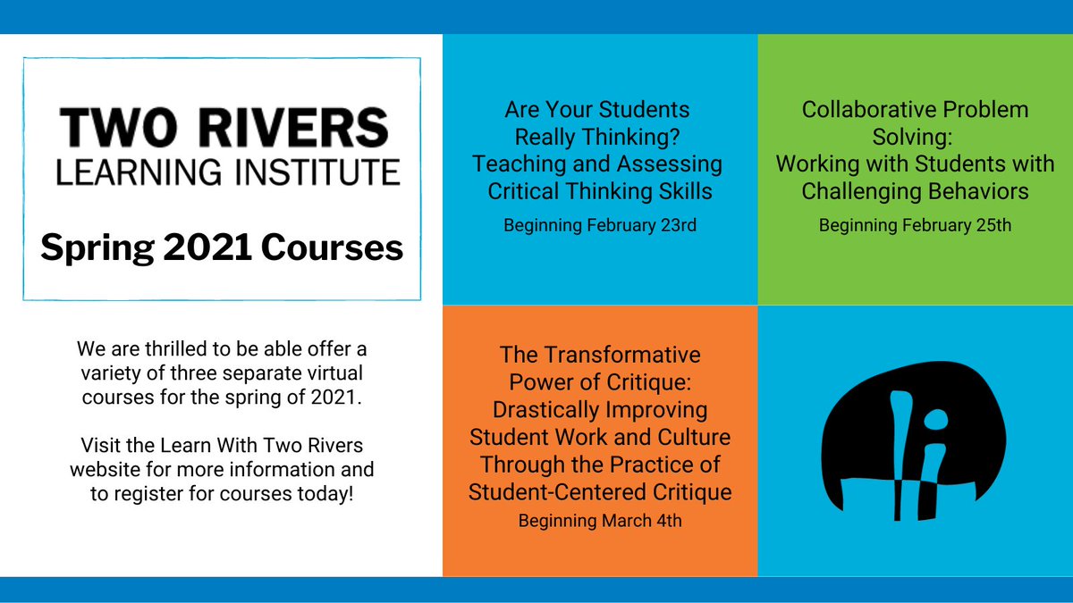 TwoRiversPCS's tweet photo. We are thrilled to be able offer a variety of three separate virtual courses for the spring of 2021.

Visit the Learn With Two Rivers website for more information and to register for courses today!

#eleducation #professionaldevelopment #charterschool

https://t.co/SJiK8xIwwW https://t.co/9gPeFtiKPg