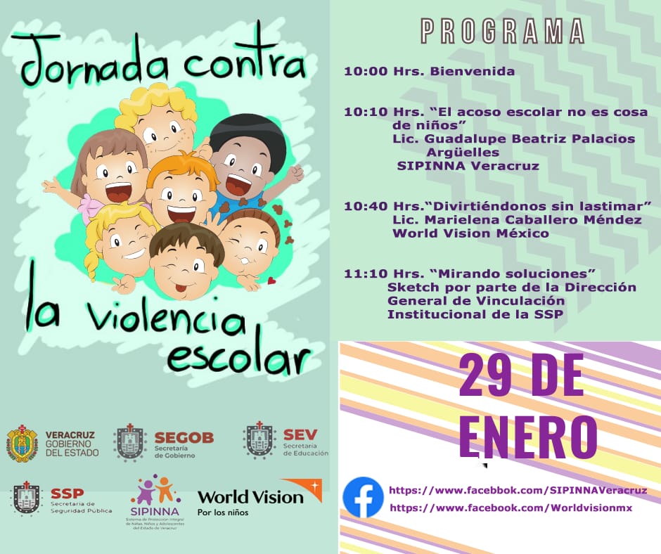 WorldVisionMx's tweet photo. El entorno escolar es uno de los contextos donde #niñas y #niños pasan más tiempo y donde podemos prevenir, detectar y atender la #violencia.⚠️
@SIPINNAveracruz @SEducacionVer y #WorldVisionMx te esperamos a la Jornada contra la #violenciaescolar.
📍https://t.co/bVcaL8Dla8 https://t.co/Ej5NZCYBVA