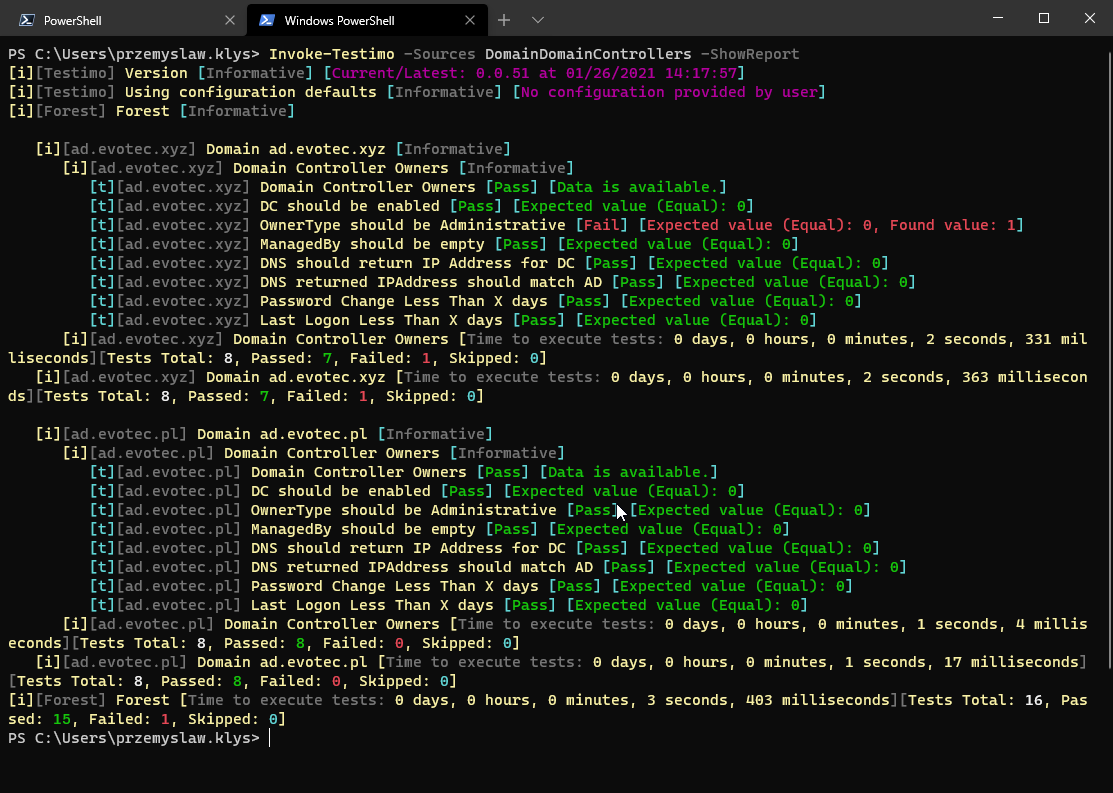 PrzemyslawKlys's tweet image. Now that #GPOZaurr is out the door - #Testimo is going to have similar approach for most topics. I&apos;ve already added new test in &quot;new way&quot;. One line of code - checks owners, managers of DC and provides step by step fix with one line of code. #ActiveDirectory #PowerShhell