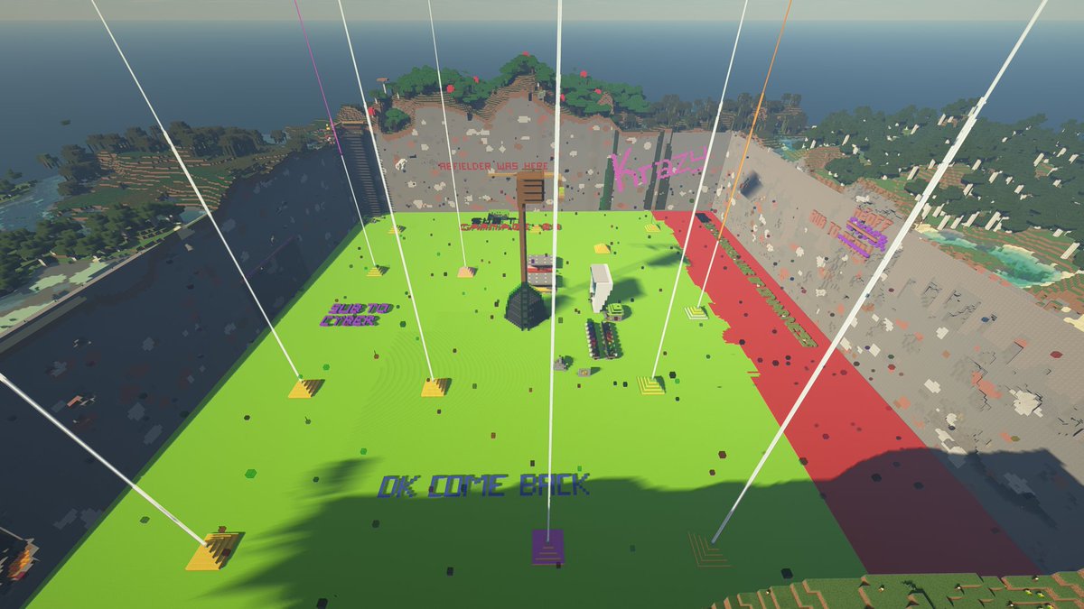 strangecraftMC's tweet photo. The Strangers clubbed together and helped to finish @BelthazorDK 's perimeter. Lime green carpet represents a manual dug chunk, red was duped as a prank by @ItsDustyDude an unknown stranger placed a single block of glass at random heights in every chunk. #Minecraft https://t.co/uKM4WpmXEC
