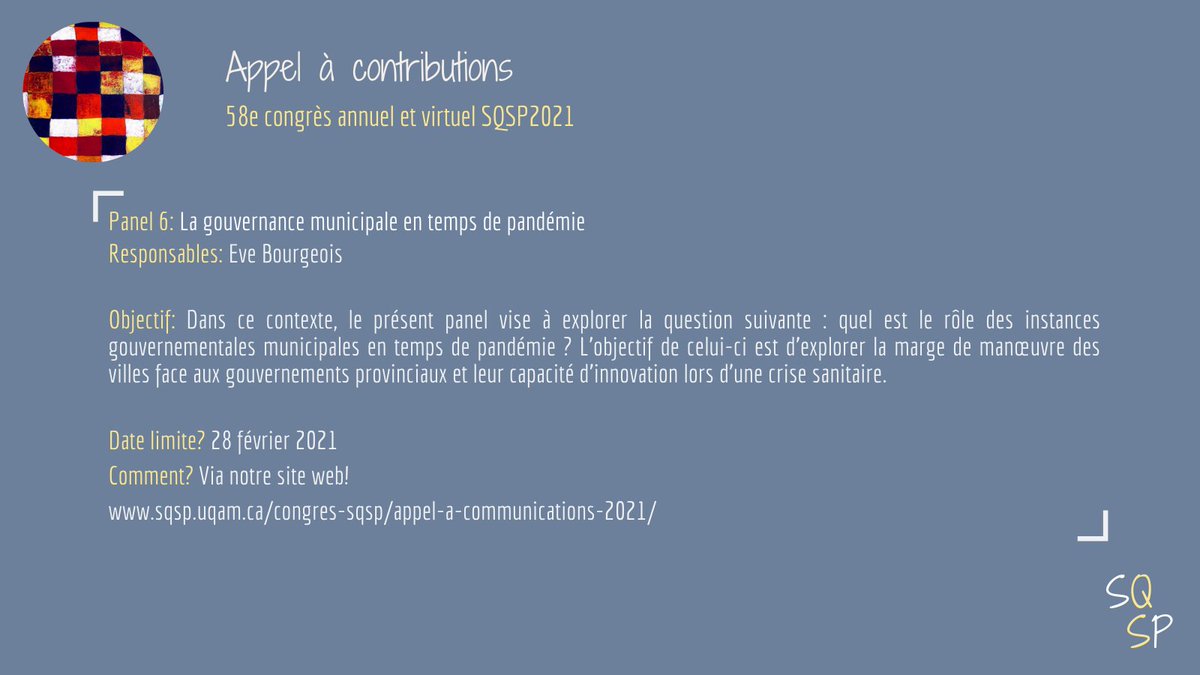 ✨Notre appel à communications est en ligne!
✨Panel 6 sur la #gouvernance municipale en temps de #covid19 ° sous la direction d'Eve Bourgeois ~ <a href="/EvBourgeois/">Eve B.</a> [ <a href="/UofT_PolSci/">Political Science</a> ]
✨Soumissions: sqsp.uqam.ca/congres.../sou…
✨Date limite: 28 février 2021