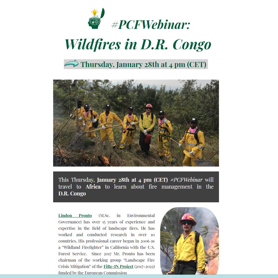 PauCostaF's tweet photo. ✍️🏾Register to attend to the next #PCFWebinar. This Thursday, 🗓️January 28th at 🕓4 pm (CET) we will travel to 🌍Africa to learn about fire management in the #DRCongo with @AnotherFireGuy #LindonPronto 👇🏾https://t.co/JJM2Twnrbs https://t.co/NnKIKmjOzs