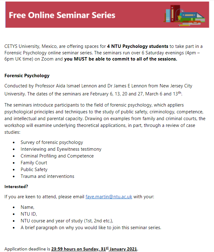 PsychologyNTU's tweet photo. CETYS University, Mexico, are offering spaces for 4 @PsychologyNTU students to take part in a free online Forensic Psychology online seminar series.  Applications welcome (encouraged!).  Full details below 😊👍 https://t.co/P0tgIBYPKb