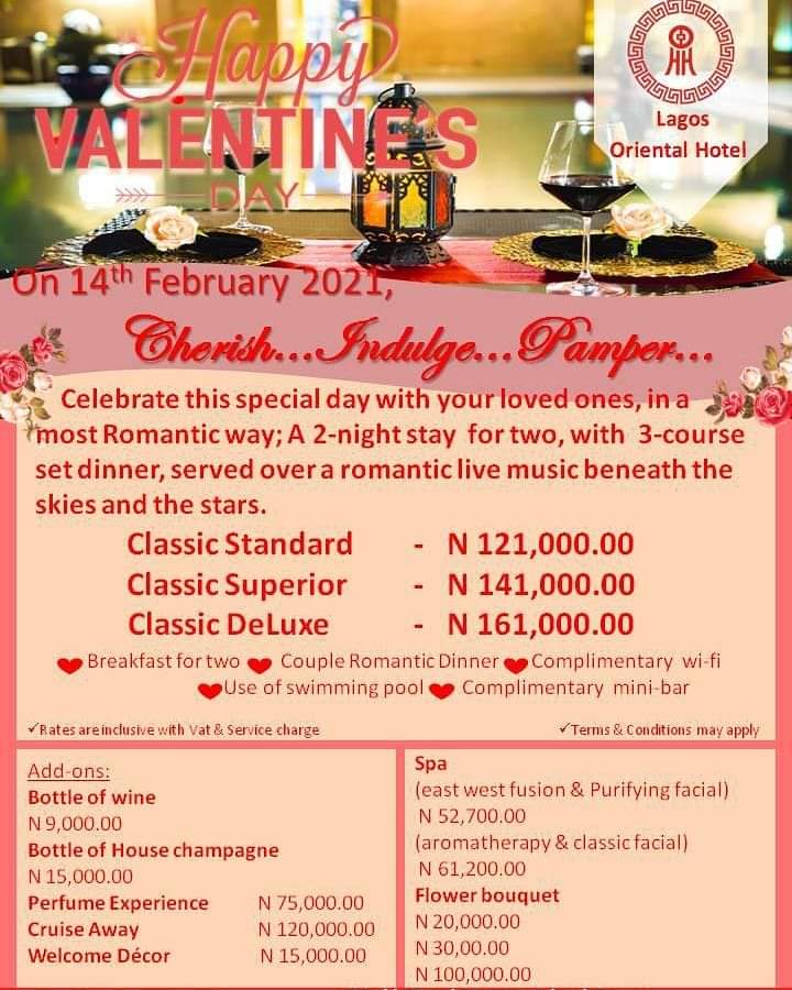 OrientalLagos's tweet photo. On Valentine's Day, allow us to serve you a sumptuous 3-course set dinner in a romantic night to share for two, under the vast gleaming skies. 

Cherish...Indulge...Pamper...

Please contact for inquiries:
+23412806600
+2347026960044
Email: reservation@lagosoriental.com https://t.co/GyOkm8HvRm