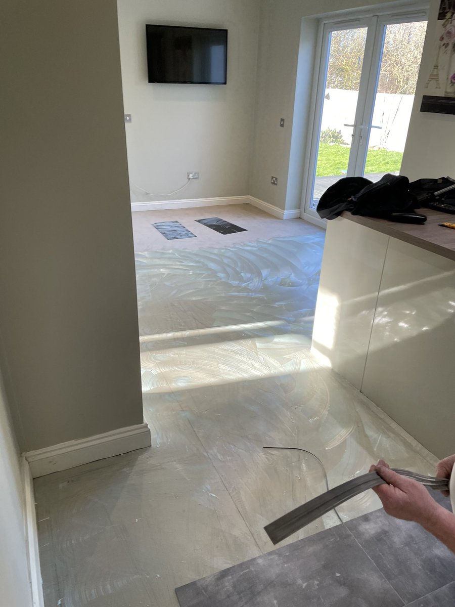 stangroundfloor's tweet photo. Small LVT job in Eye village - Peterborough last week. It will be a Moduleo transform tile in Silver / dark grey tile with a light silver feature strip. Full uplift and latex ... #moduleo #instarmac #lvt #flooring https://t.co/myTlP0f08F