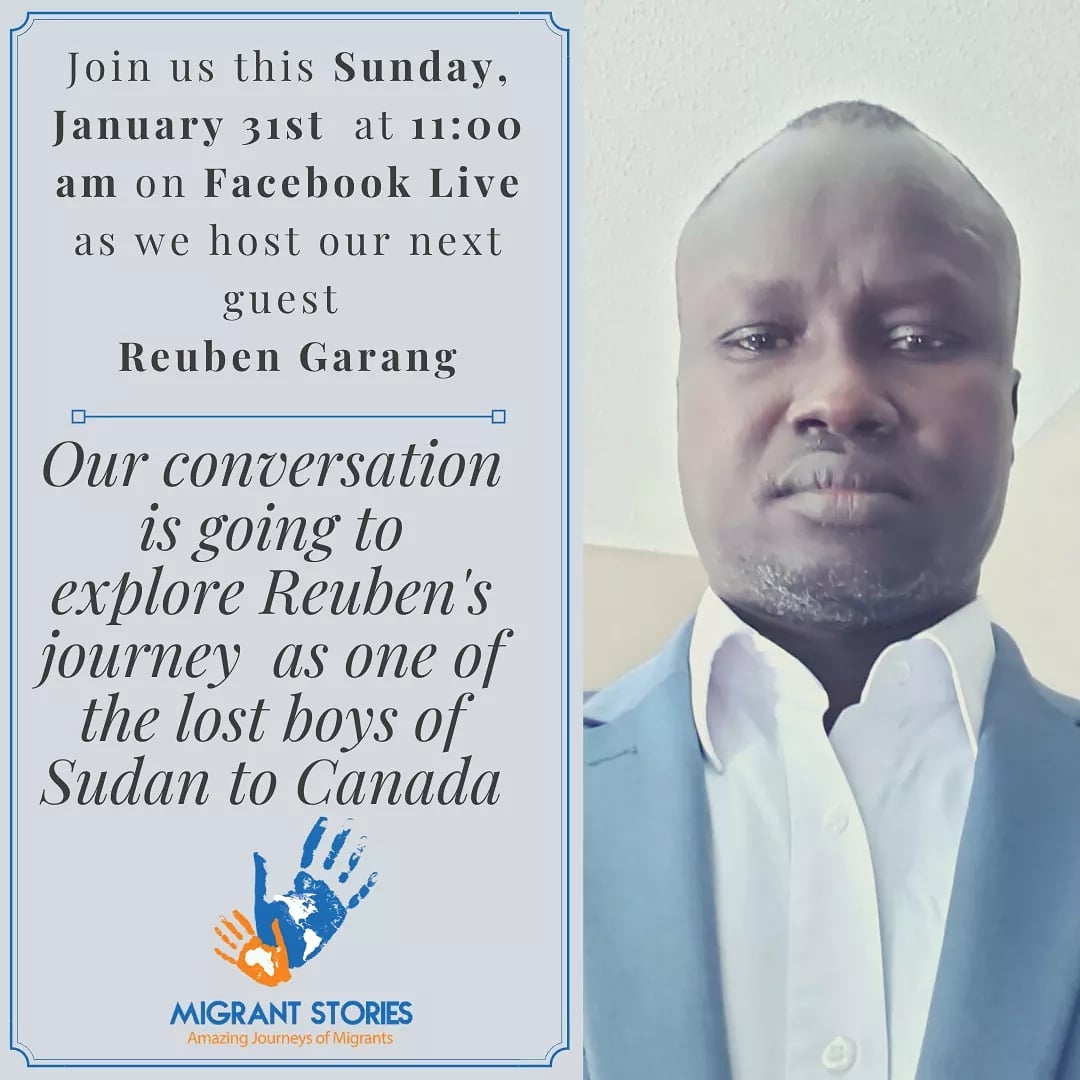 stories_migrant's tweet photo. Hi guys,
Did you miss our first conversation?
Join us this Sunday as we host Reuben Garang, one of the lost boys of Sudan, talking about his life, journey & experiences from Sudan to Canada.
#migrantstories #lostboys #lostboysofsudan #canada #migrantstoriesletstalk https://t.co/iiYMgOX02y