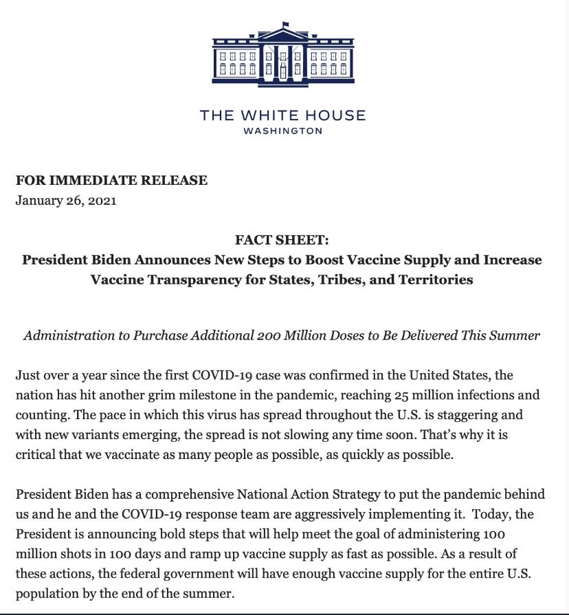 El presidente <a href="/JoeBiden/">Joe Biden</a> anuncia que #EEUU comprarán 200 millones de vacunas adicionales (100m de #Moderna y 100m de #Pfizer) para garantizar que 300millones de estadounidenses se hayan inoculado al final del verano. Con la compra, se llega a un total de 600m de dosis