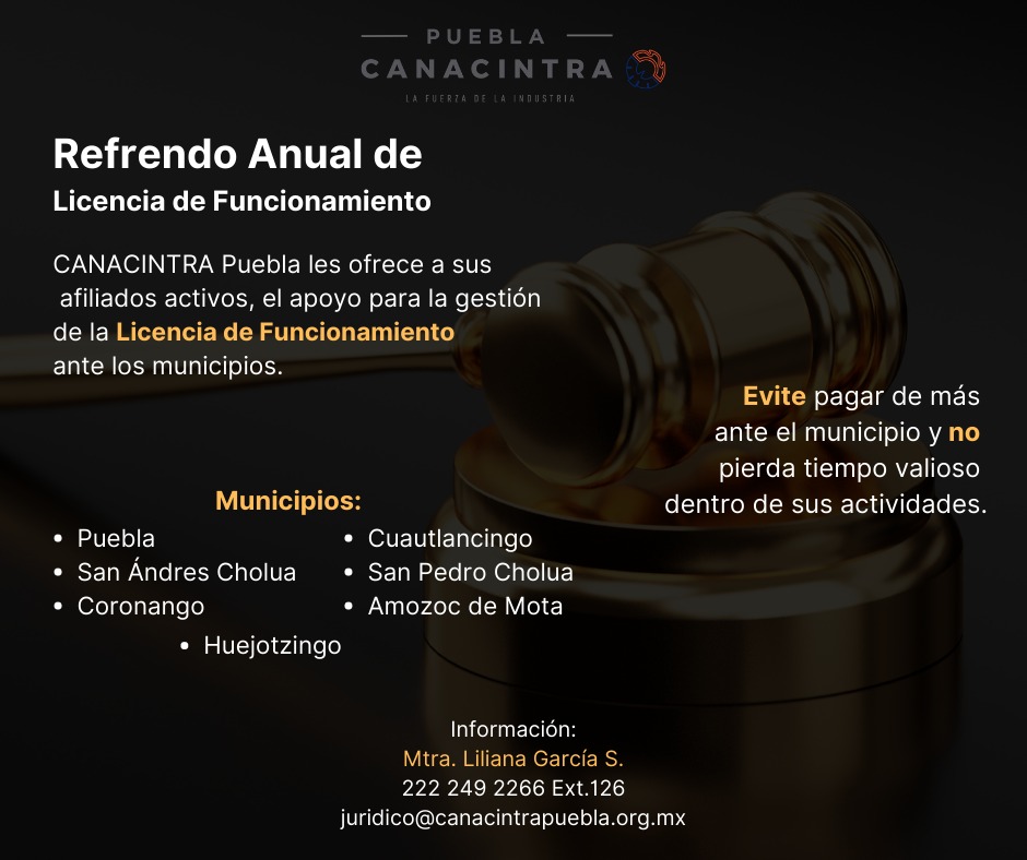 canacintrap's tweet photo. CANACINTRA Puebla ofrece a sus afiliados activos, el apoyo para la gestión de la Licencia de Funcionamiento. Evite pagar de más y no pierda tiempo de sus actividades.  #LaFuerzadelaIndustria #CANACINTRAPuebla https://t.co/qMUlhCiorL