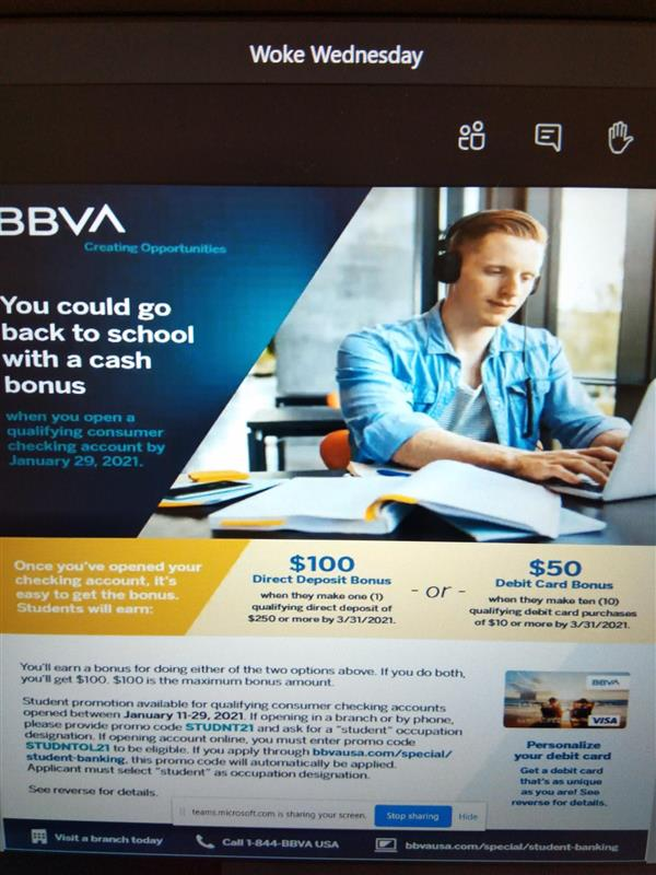 BBVA Compass is offering On-Time Grad working students an opportunity to open a free bank account.