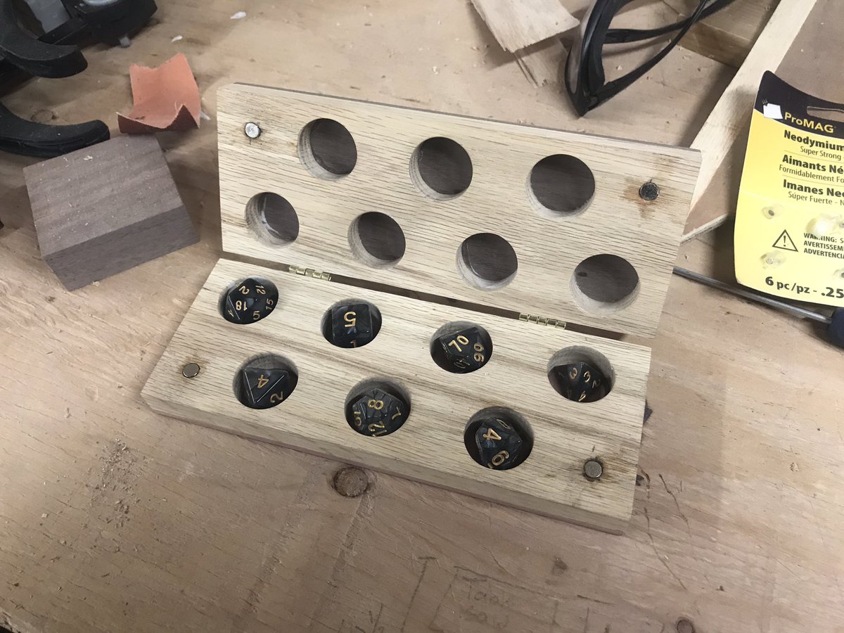 infecthall's tweet photo. Decided to take some pictures over lunch of the dice box progress! There are still some small tweaks that need to happen but it’s pretty sweet with the magnet closures! Let me know what you think and if you’d change anything! #mtg #dnd #mtgdeckvault #dicebox #woodwork https://t.co/A9jClK5guW