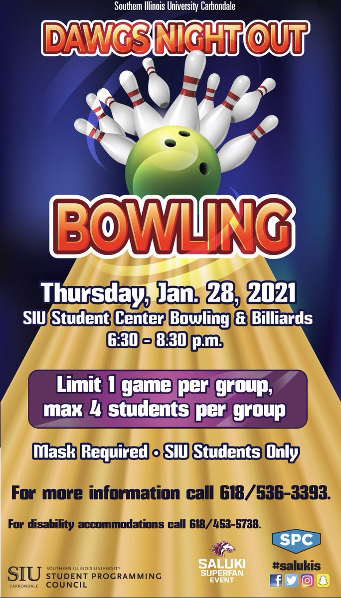 SIUGetInvolved's tweet photo. Let’s bowl! This Thursday, bowl FREE with SPC from 6:30 - 8:30 pm. 🎳 https://t.co/uaYyzWNDze