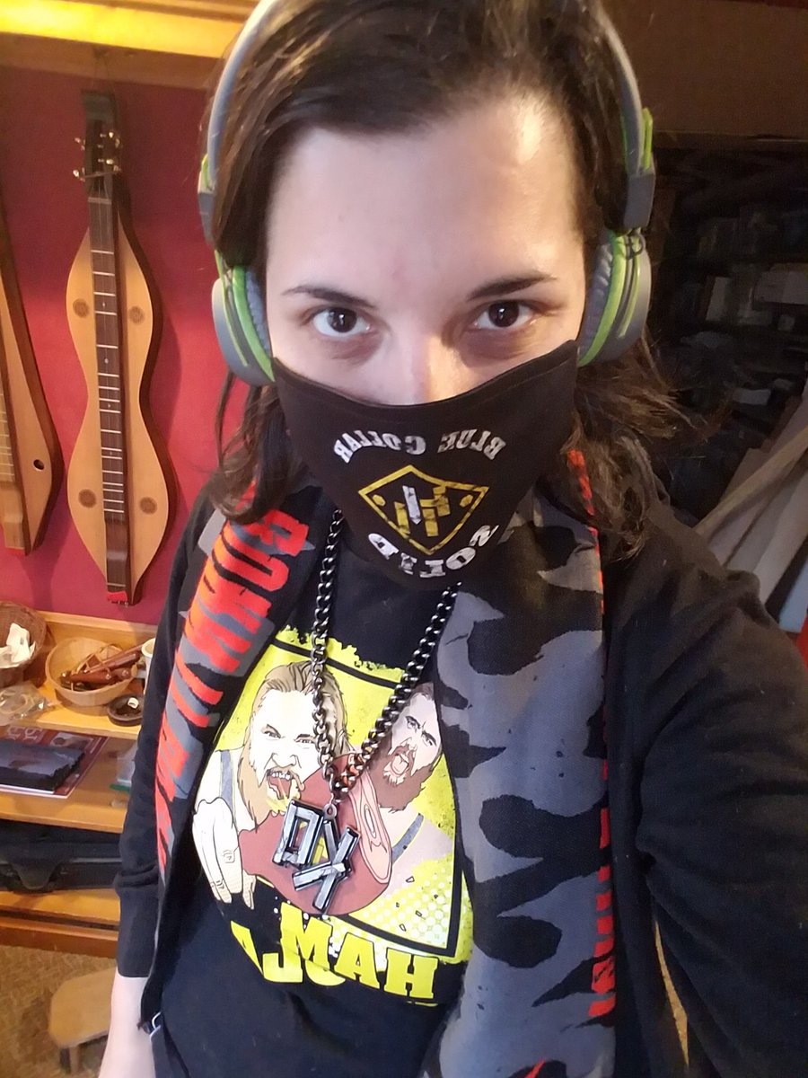 JCalynnArt's tweet photo. Decided to sport some of my new merch today. #HeavyMachinary mask and shirt. Still holding hope that my favorite tag team is united some day.

Also, my @FightOwensFight chain and my @WWERollins scarf!😁🔥
#KO #KevinOwens #BlueCollarSolid  #SethRollins #WWE #SteaksandWeights https://t.co/AG6xw6HLCy