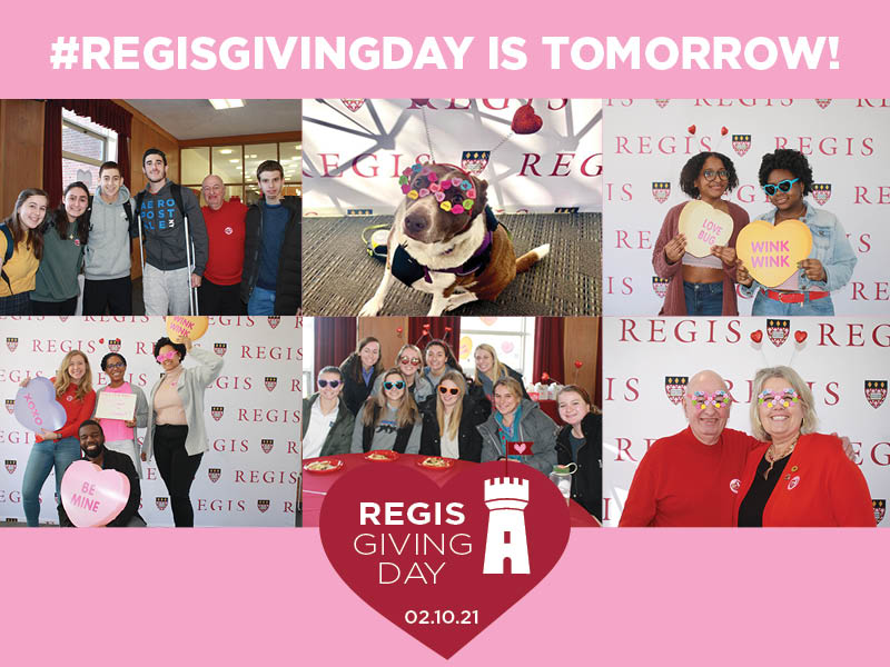 Giving day is tomorrow! This year, you can donate to support inclusive excellence through educational opportunities, programming, and so much more.  Make a gift this #RegisGivingDay and help advance inclusive excellence for all. Visit alumni.regiscollege.edu/givingday.