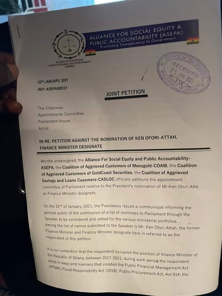 AwalNDCAkroso's tweet photo. ASEPA petitions Spk. Bagbin and Appointment Committee Chairman on nomination of Ken Ofori Atta as Finance Minister. #RejectBadAppointees https://t.co/B9Lx3c7LgX