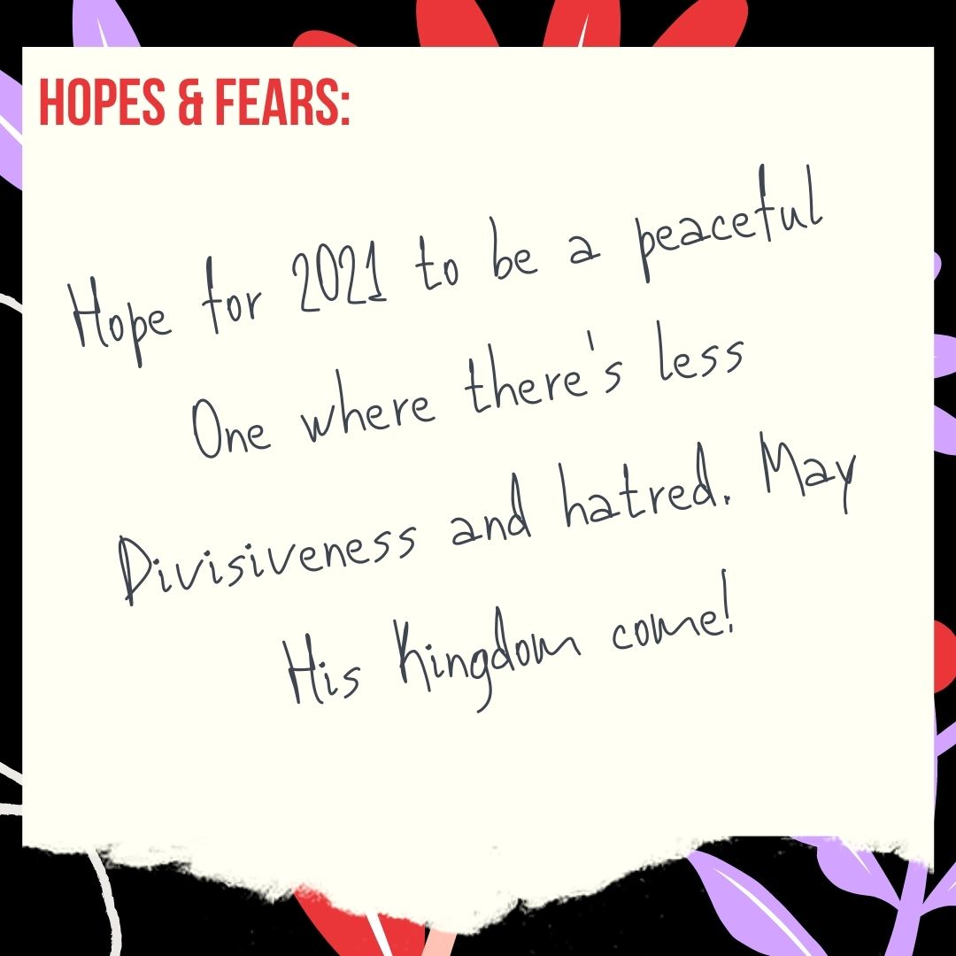 hwcommunity's tweet photo. During Highway’s Christmas Eve service, we invited our community to share their hopes and fears this Christmas. These have been rendered into a series of graphics which we’re sharing over social media this month. What are your hopes and fears for 2021? Share them below. https://t.co/iwX6FOogQ6