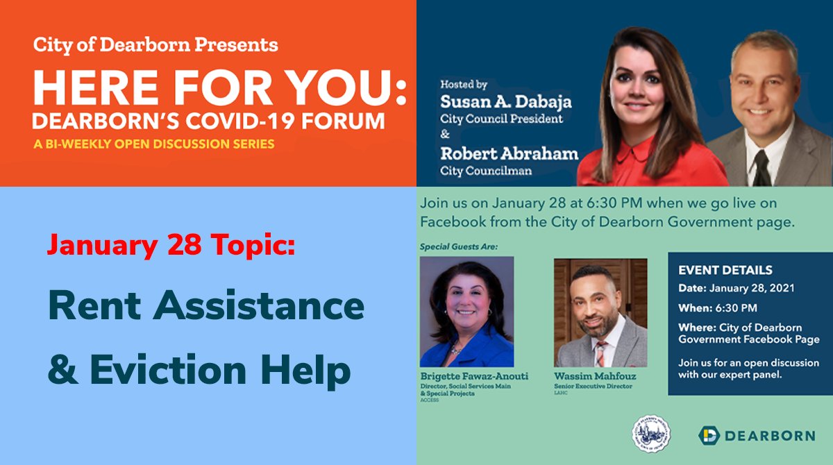 Dearborngov's tweet photo. With Mayor O’Reilly’s support, City Council members are presenting another interactive forum on Thursday, Jan. 28 at 6:30 p.m. to keep you informed about COVID-19 issues. https://t.co/9FpI9i2Pv7