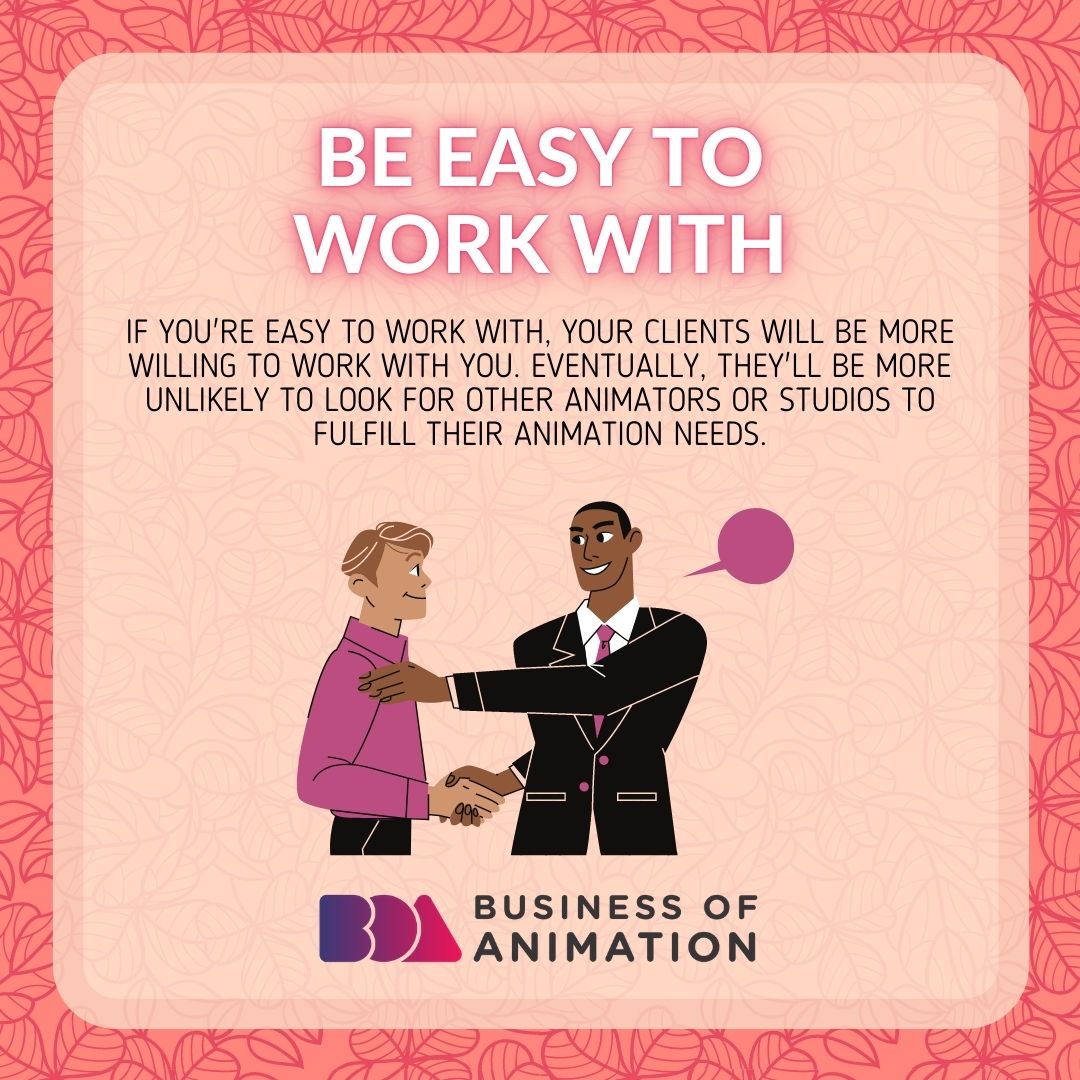 animationbiz's tweet image. Here are 5 ways to retain your new animation clients and turn them into repeat clients:

1. Be easy to work with
2. Create loyalty programs
3. Offer discounts and incentives

#AnimationLoyalClients #AnimatorsLoyalClients #MotionGraphicArtistLoyalClients #AnimatorRepeatClient

1/2